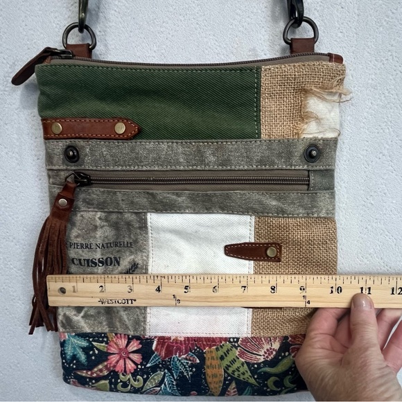 Myra Bag Boho Mixed Media Cotton Leather Canvas Burlap Patchwork Shoulder Bag - Picture 14 of 16